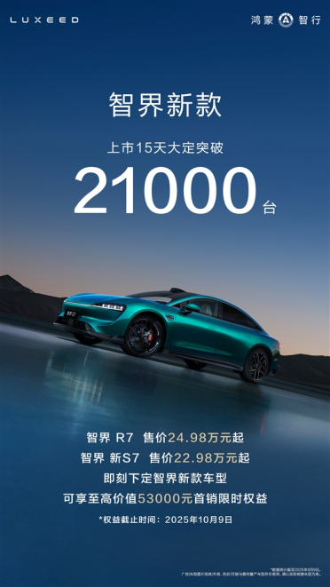 鸿蒙智行又一界要站起来了！新款智界R7/S7上市15天大定破2.1万台