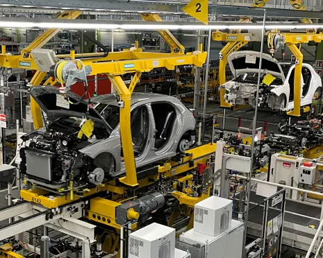A production line at the Mercedes-Benz factory in Rastatt, Germany.  Photograph: Christoph Steitz/Reuters