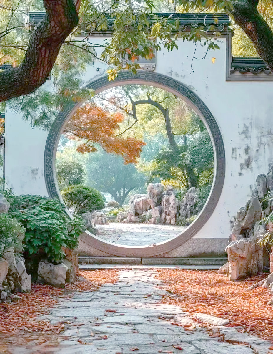 在古典园林中,空窗框景是一种常见的造景手法