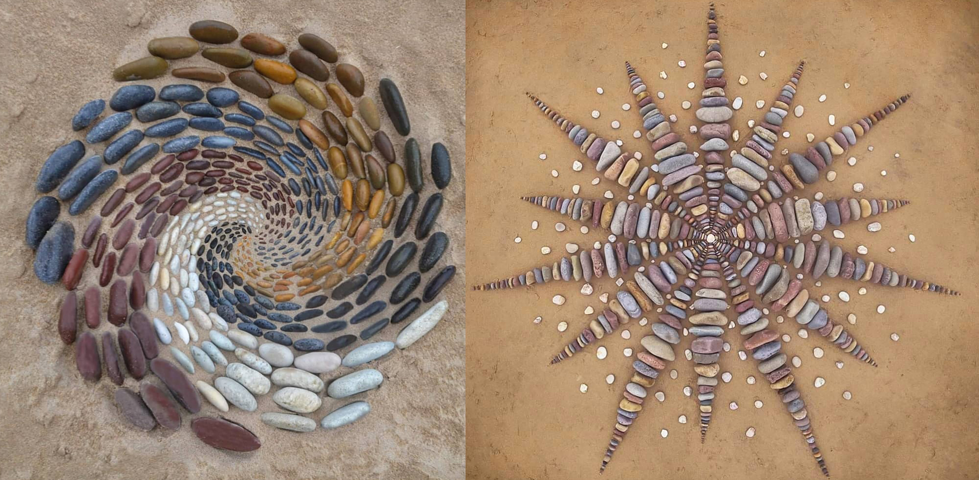 他用石头摆出一堆"小蘑菇",还用小树枝摆出了烟花效果