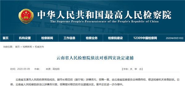 云南省检察院依法对蔡四宏决定逮捕