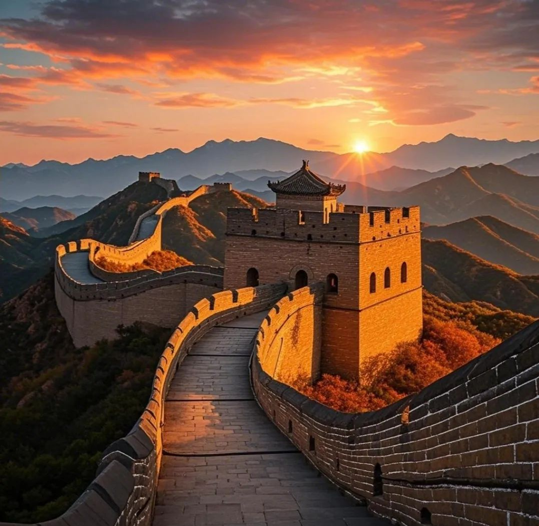 微信头像展现旭日东升之美景,红日初升照亮大地,长城巍峨如画卷