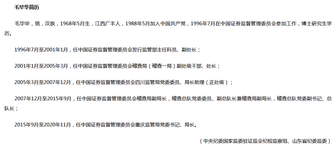 证监会重庆监管局原党委书记,局长毛毕华接受审查调查