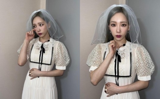 金泰妍惊人的星期六可爱幽灵新娘造型 银色头发披着面纱实在太美