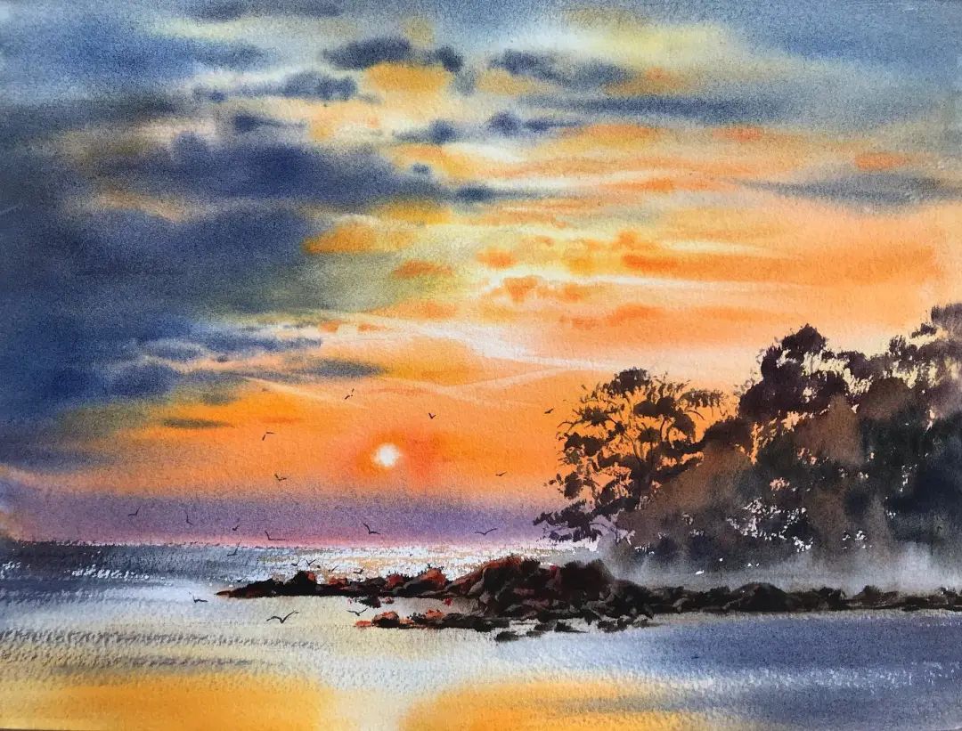 水彩|水彩风景 水天一色 天空 水面的刻画 艺术家Марина рож