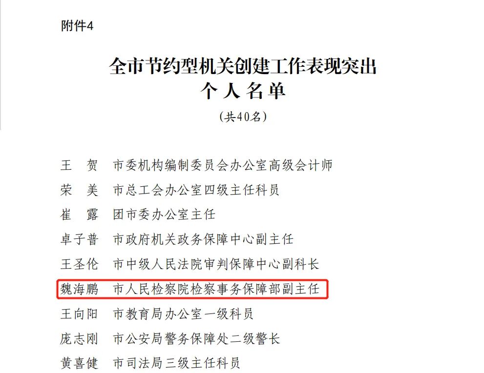 公共机构能源资源节约示范案例",市检察院检察事务保障部副主任魏海鹏