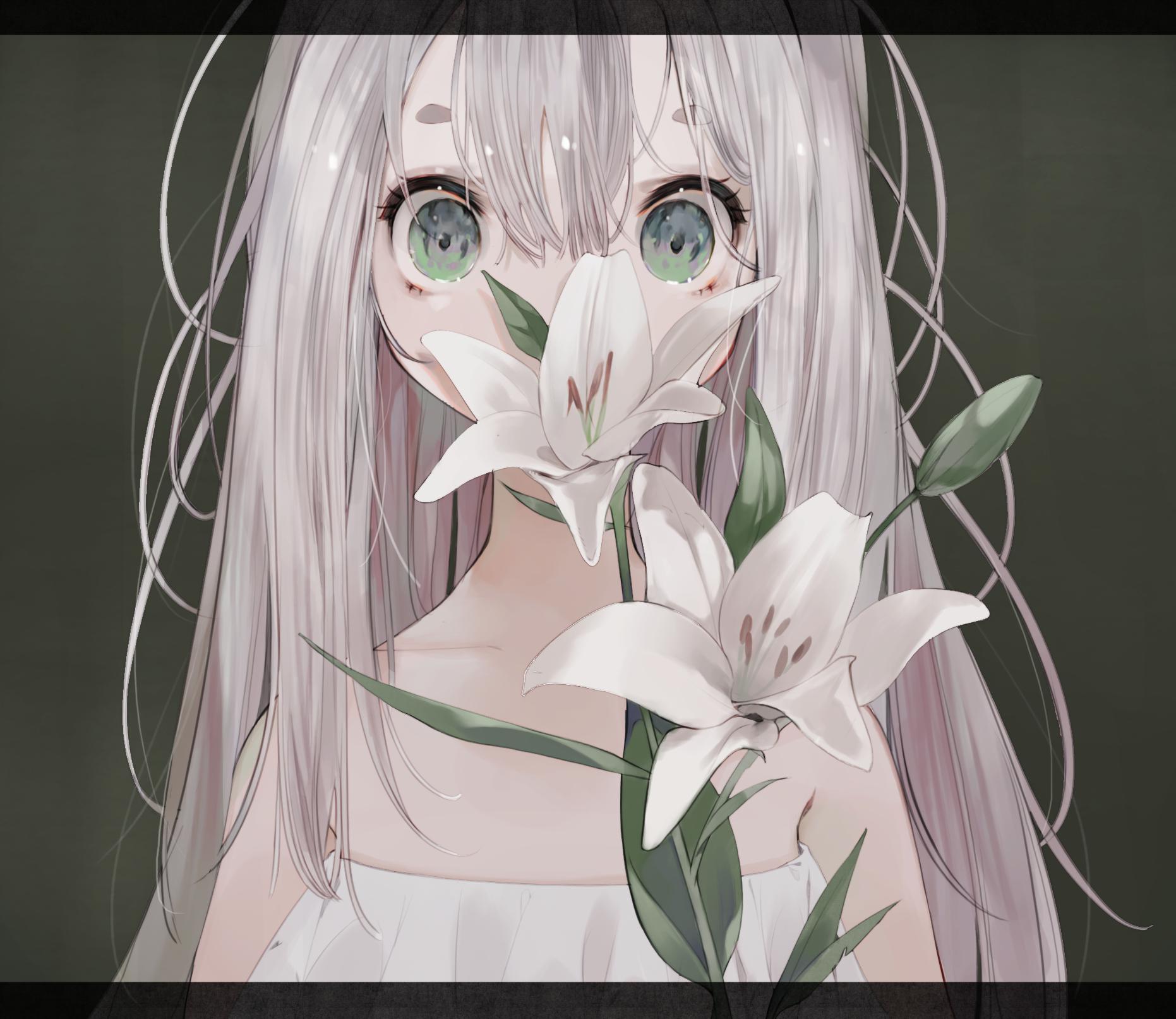 动漫人物插画分享——手捧鲜花的美少女