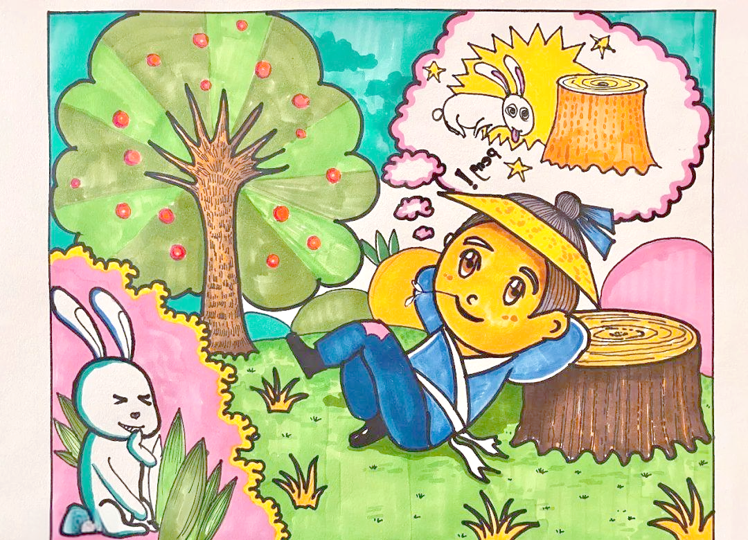 少儿画作品:描绘守株待兔的故事场景