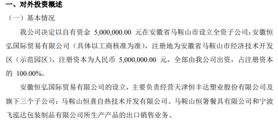 恒丰达拟投资500万在安徽省马鞍山市设立全资子公司