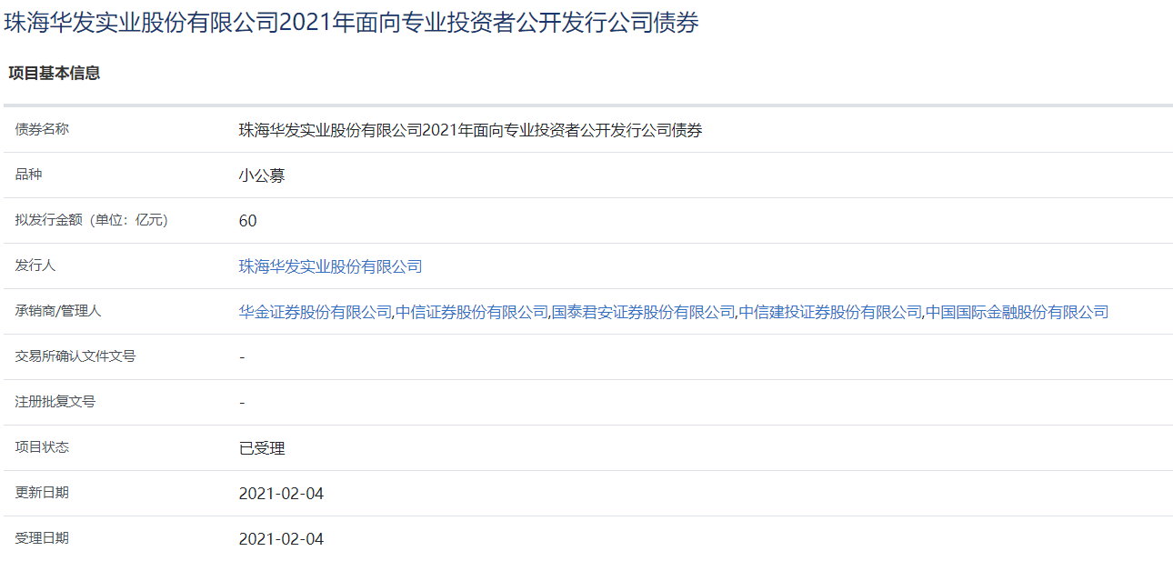 珠海华发60亿元小公募债获上交所受理