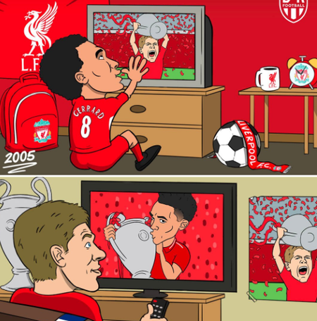 红军传承!br海报:杰拉德和阿诺德看着对方举起欧冠奖杯