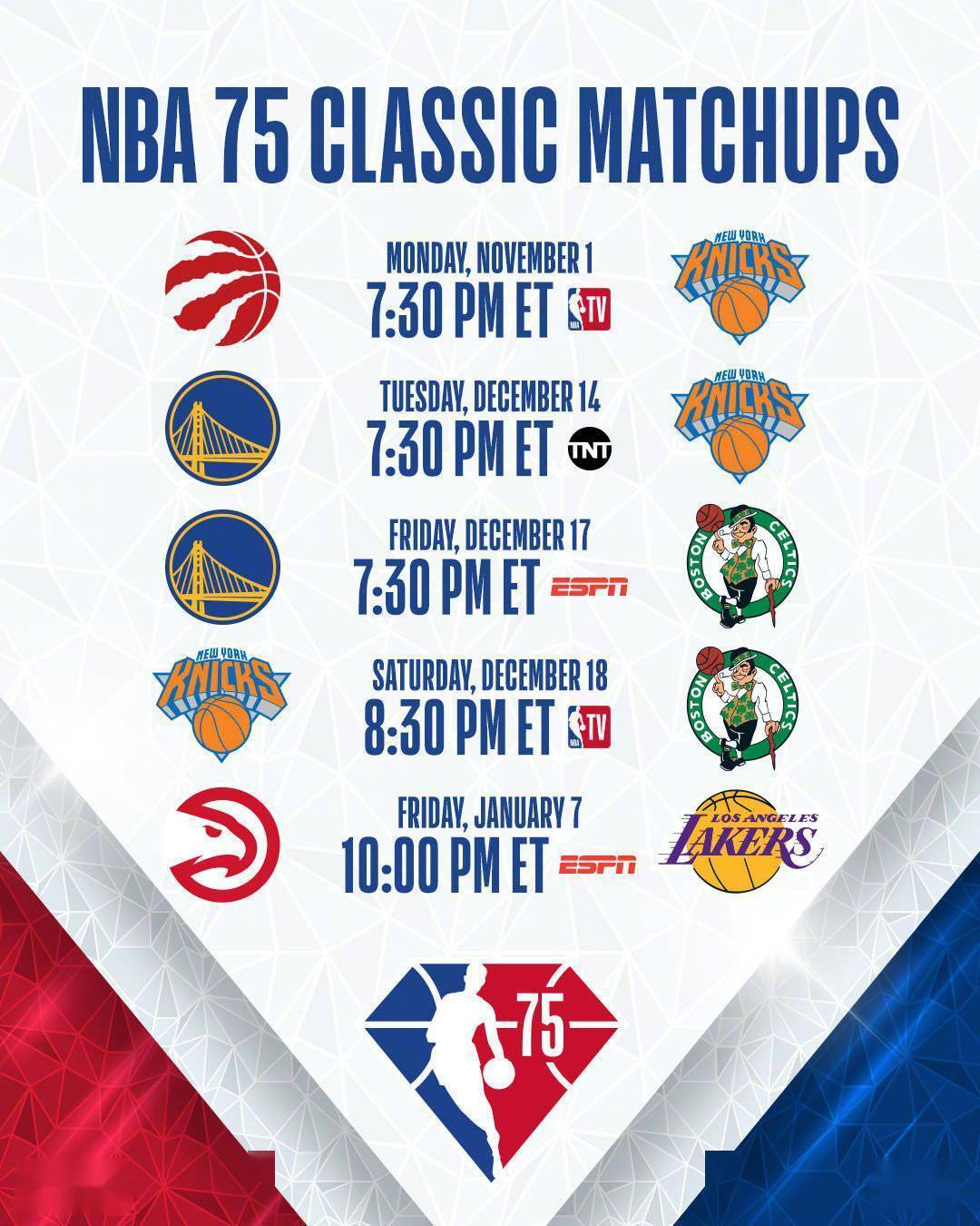 2021-22赛季nba赛程出炉,将进行75周年纪念赛