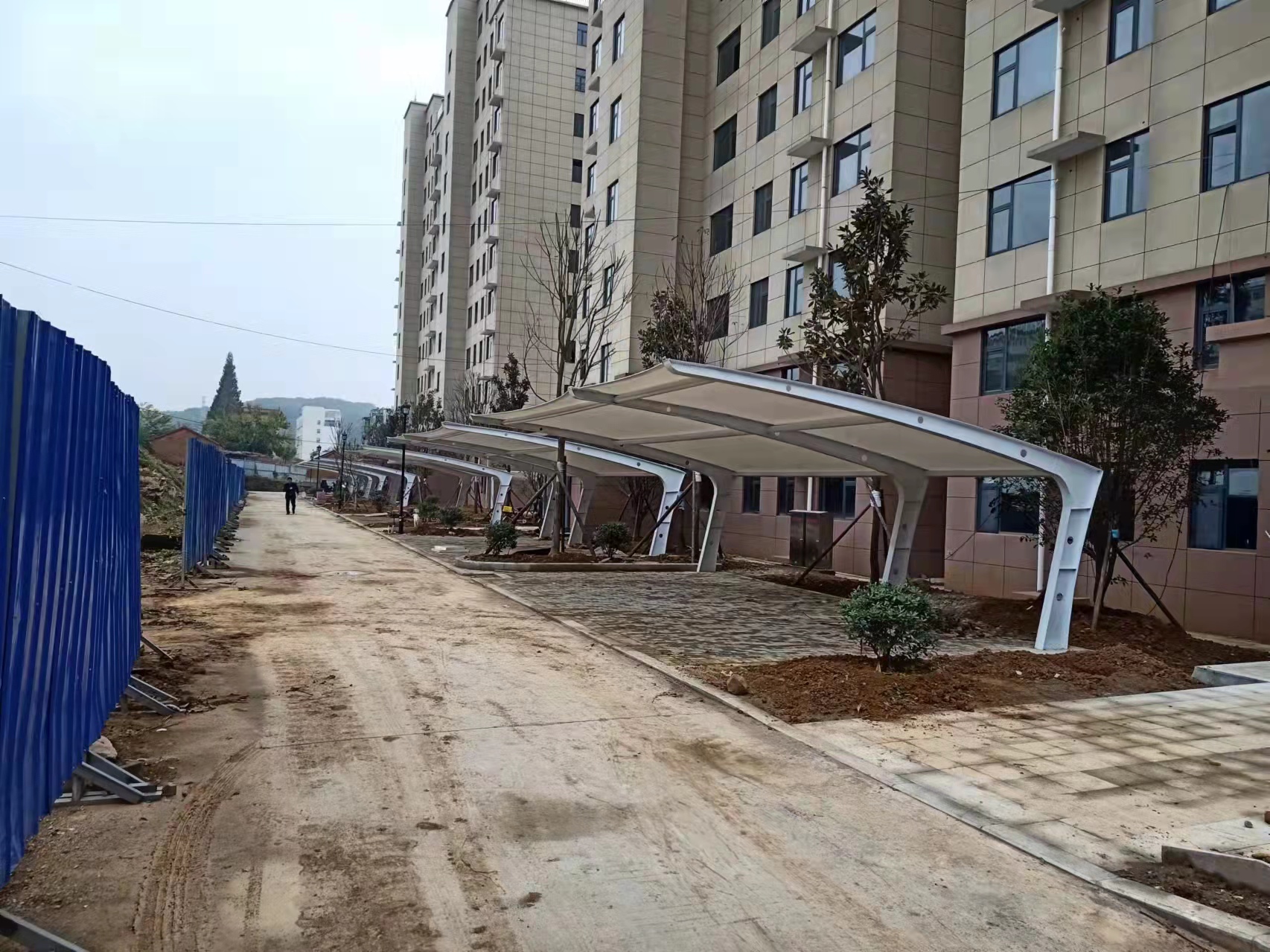 河北廊坊7字形膜结构车棚施工案例