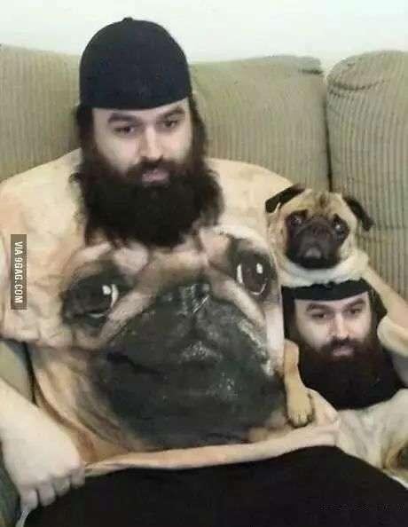 人类穿狗头的衣服很平常,但是狗狗穿人头的衣服就不常见了