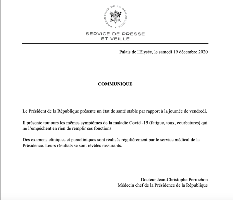 法国爱丽舍宫发布新闻公报:总统马克龙病情稳定