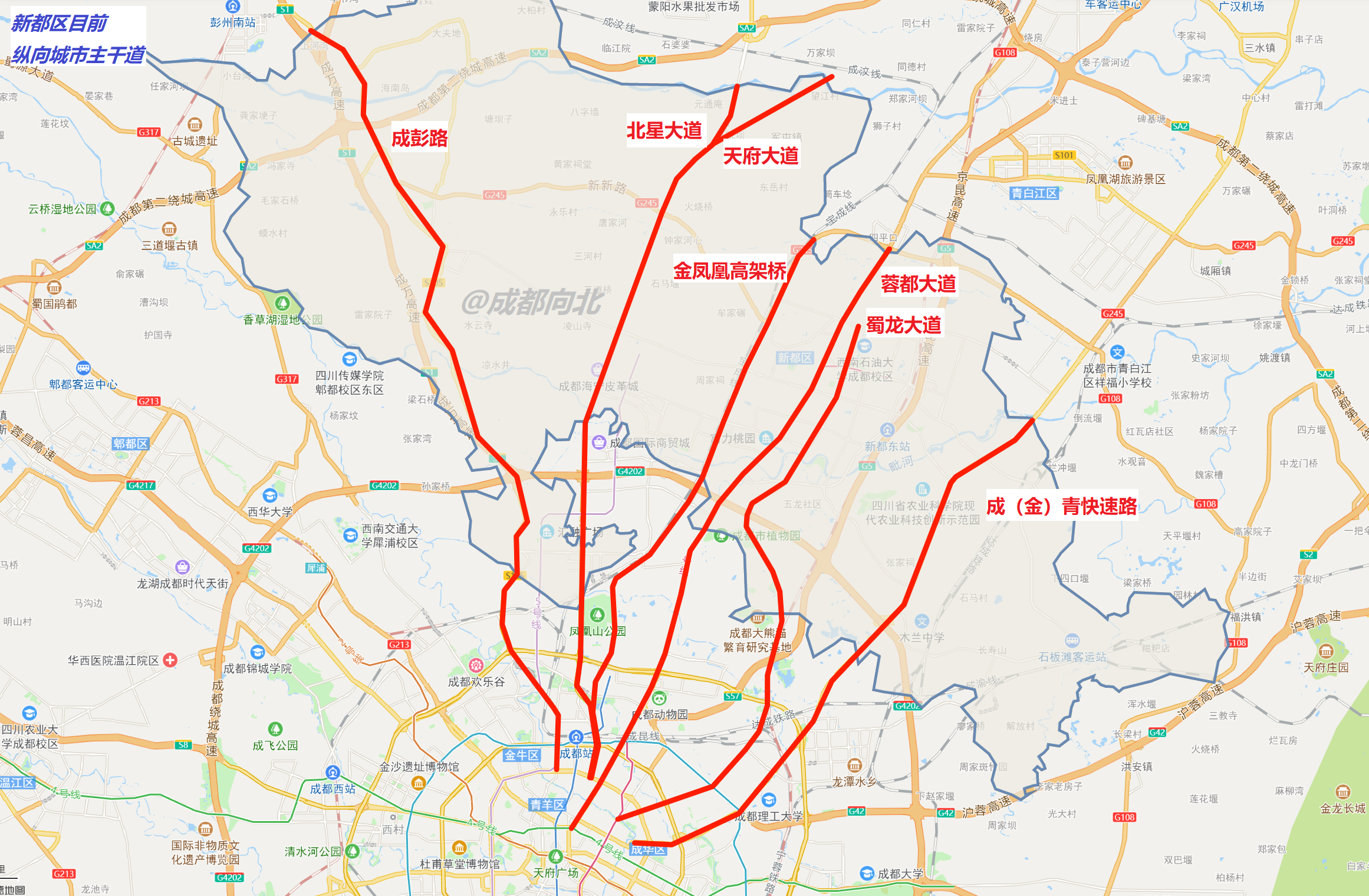 成都金凤凰高架新都段第一部分高架桥 底层道路已经亮灯