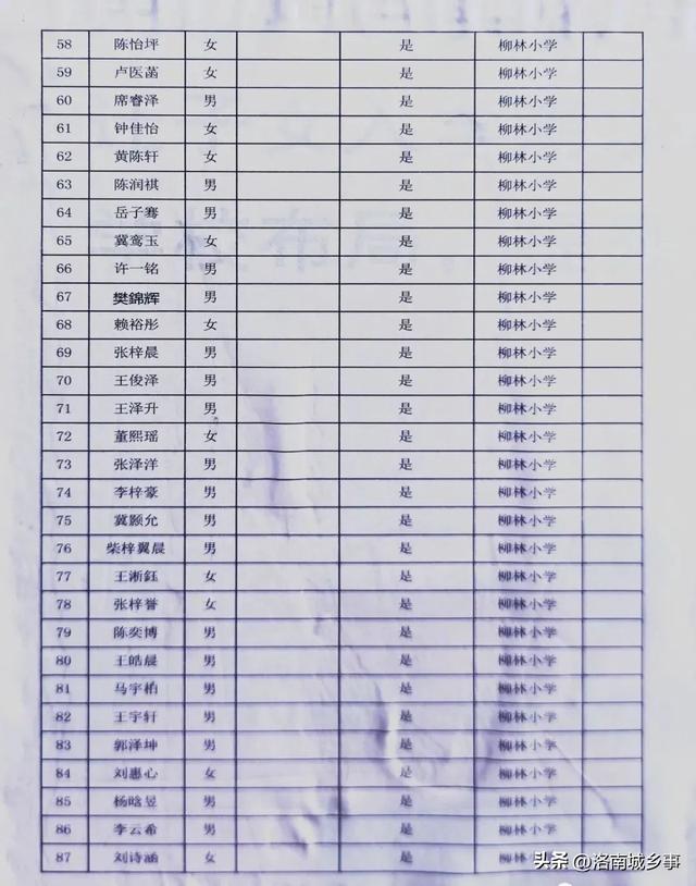 洛南县柳林小学2022秋招生录取学生名单公示