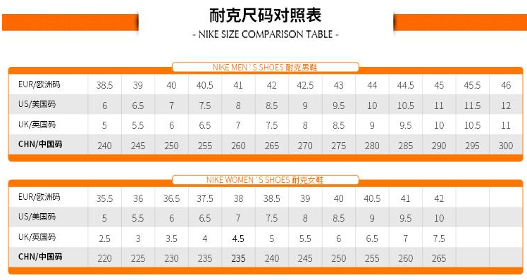 nike尺码表