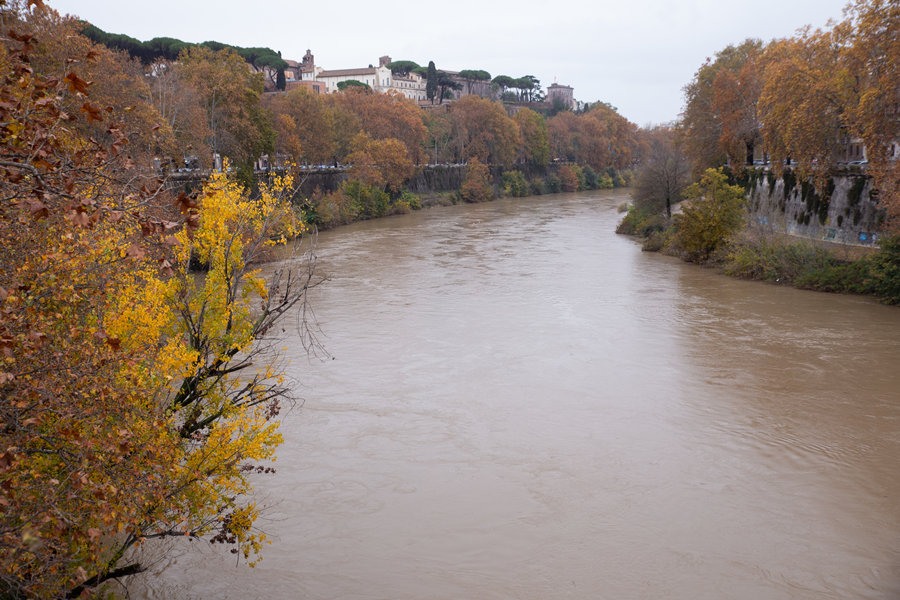 意大利罗马秋意渐浓 雨中台伯岛景色迷人