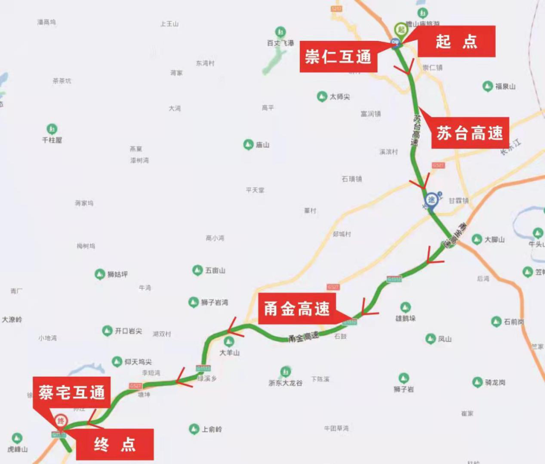 绕行方案三经g527国道至甘霖互通上甬金高速(g1512)到蔡宅互通下.
