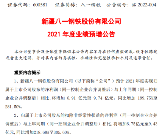 八一钢铁2021年预计净利10.38亿-13.