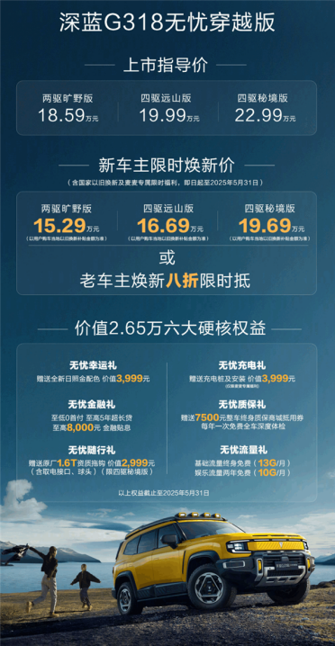 年轻人的第一辆硬派方盒子！深蓝G318无忧穿越版上市：18.59万起