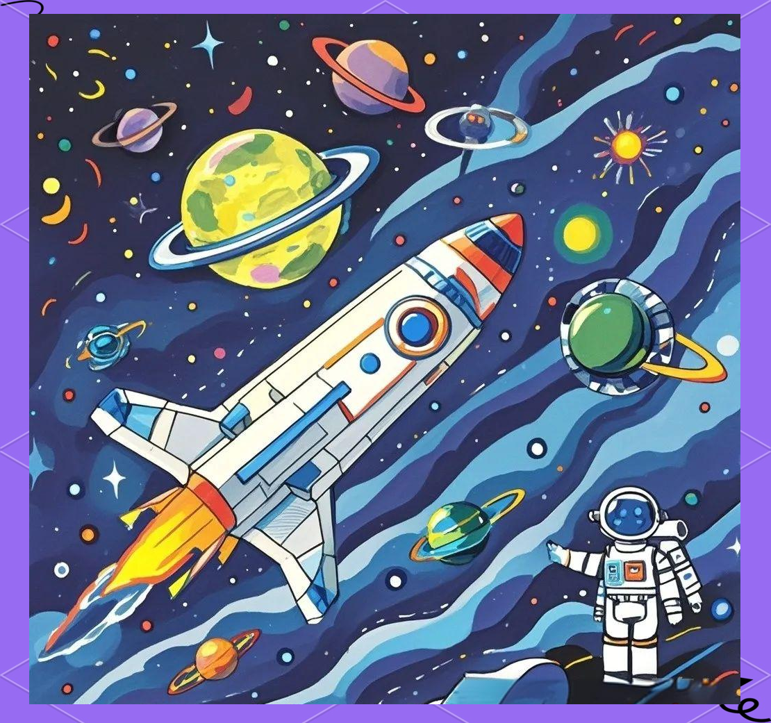 科幻与太空主题的儿童画作品,展现多元创意与绘画技巧