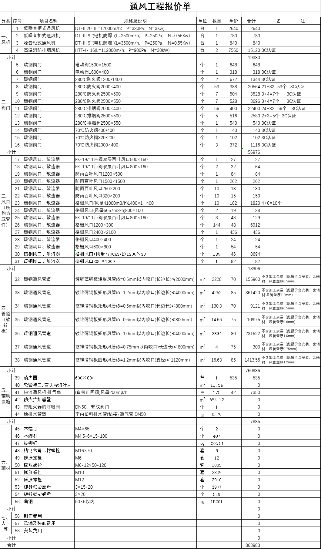 风管计量规则及报价单参考