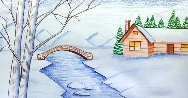 彩铅画雪景树图片