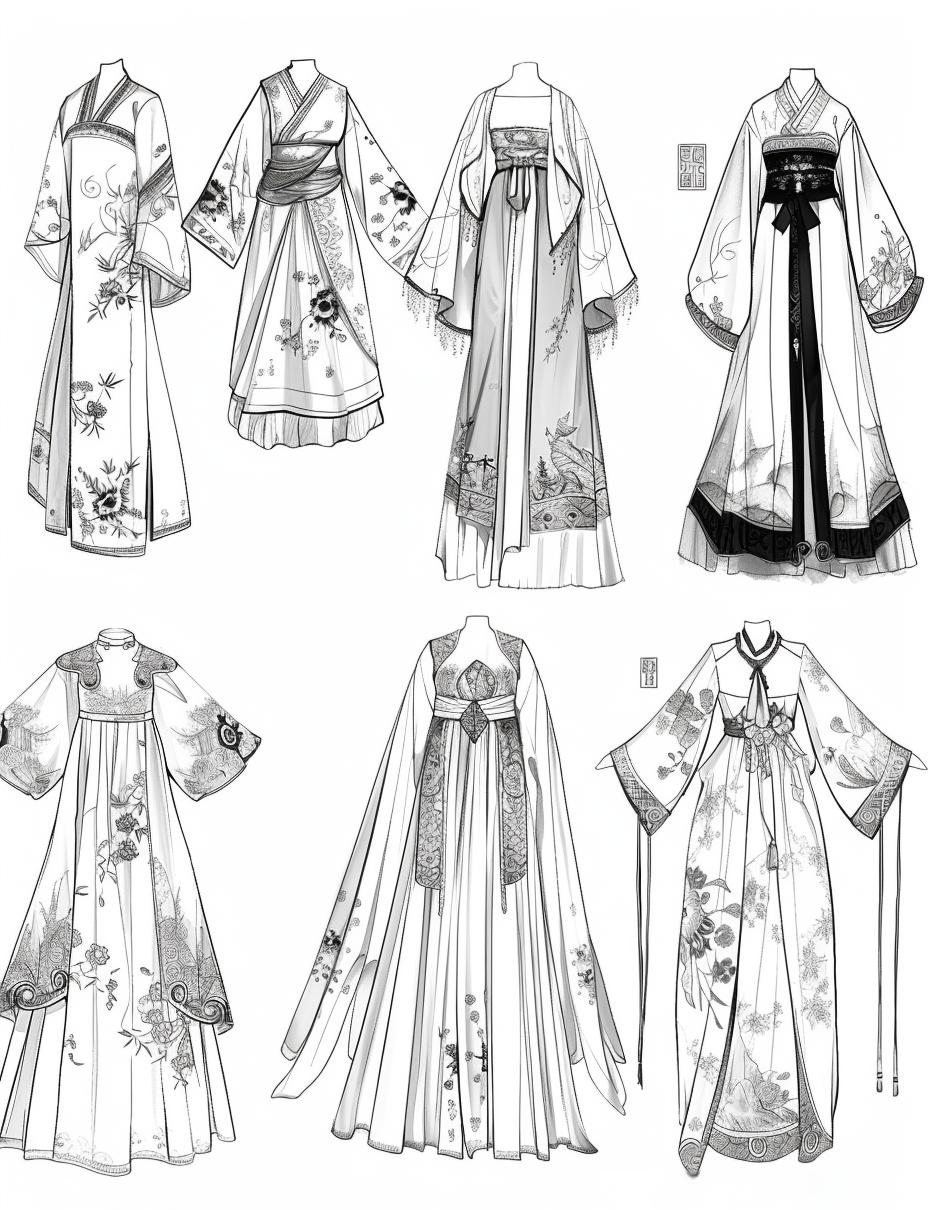 众多精致国风汉服款式图线稿,领略传统服饰魅力!