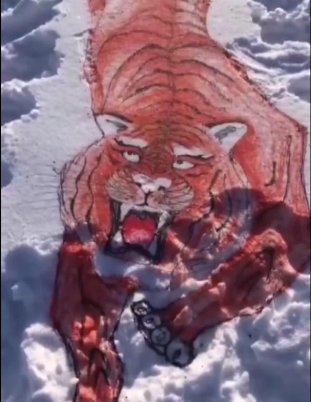 这是高手!东北大叔雪地画老虎吓野猪,南方网友排队求画