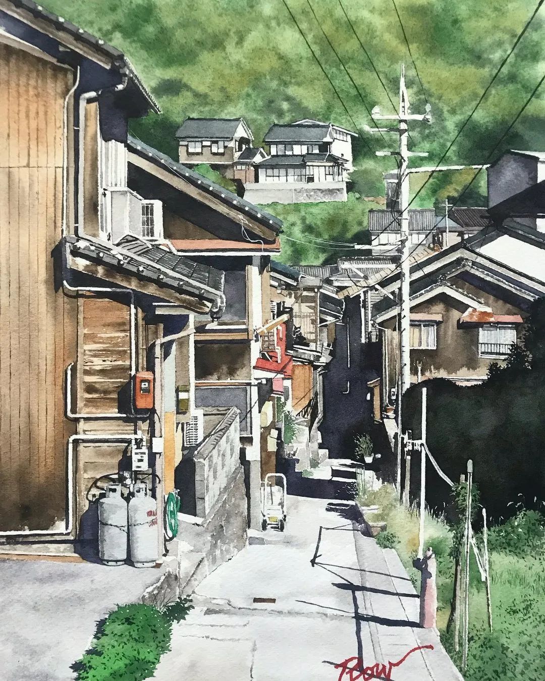 水彩|一抹暖阳 水彩风景 水彩街道 日本画家竹内柔