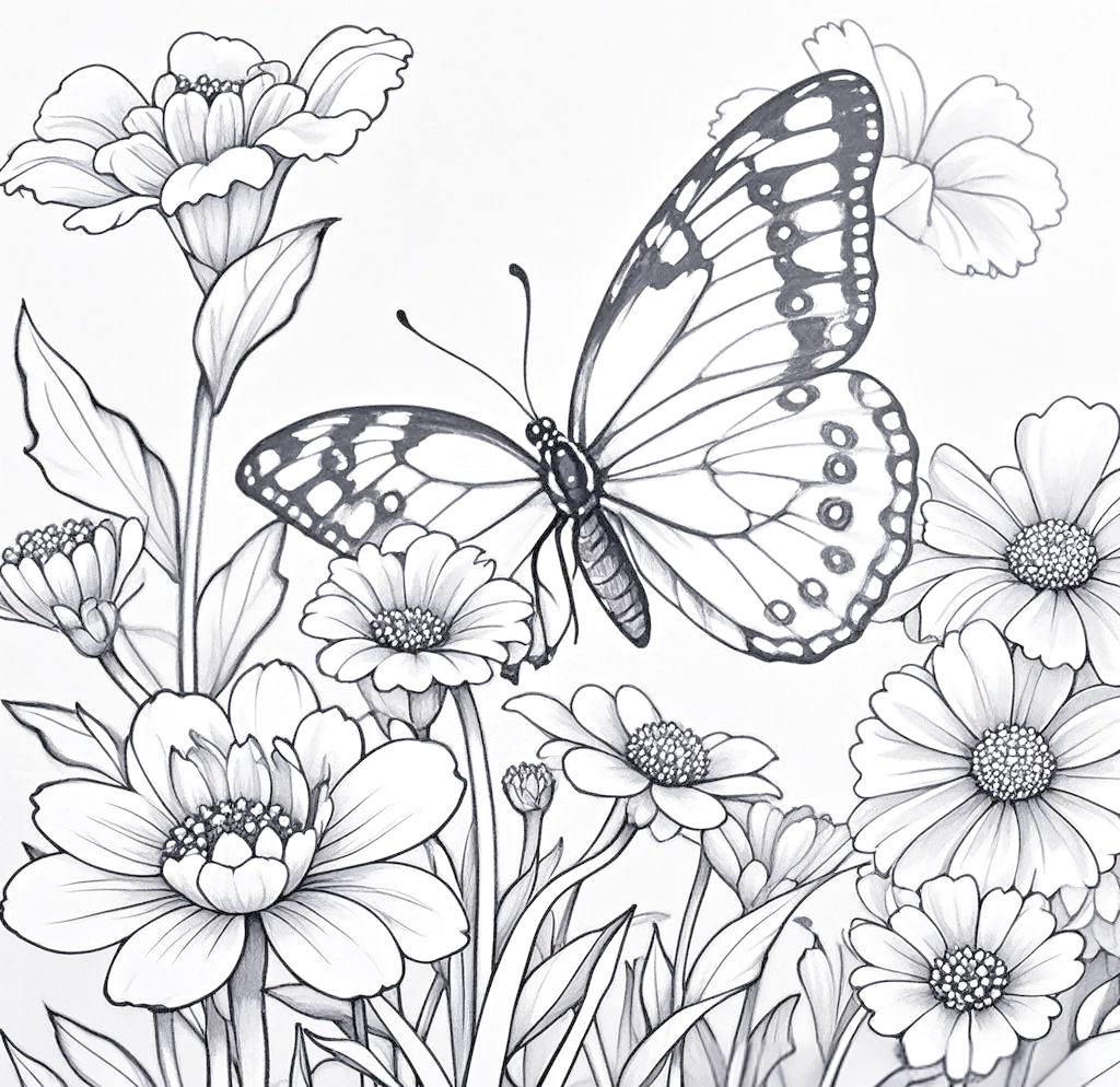 湖中荷花与花海蝴蝶的线描技巧探索