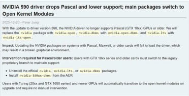 一代神卡落幕：Arch Linux正式停止支持GTX 10系列！