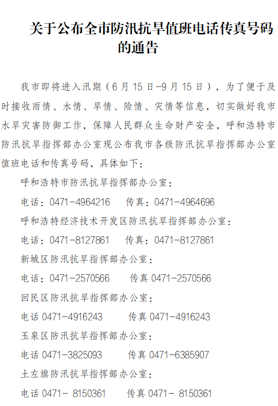 关于公布全市防汛抗旱值班电话传真号码的通告