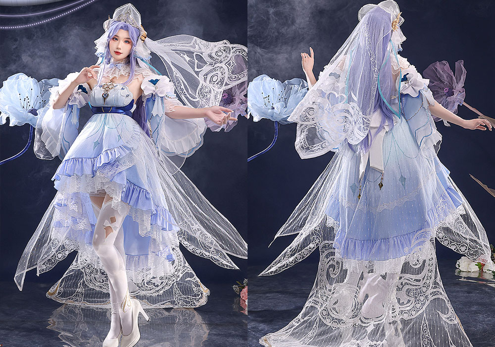 《王者荣耀》大乔挚爱花嫁cos服,高定婚纱工艺,浅蓝蓬蓬裙好美
