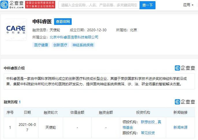 联想创投等投资"中科睿医,后者由中国科学院孵化成立