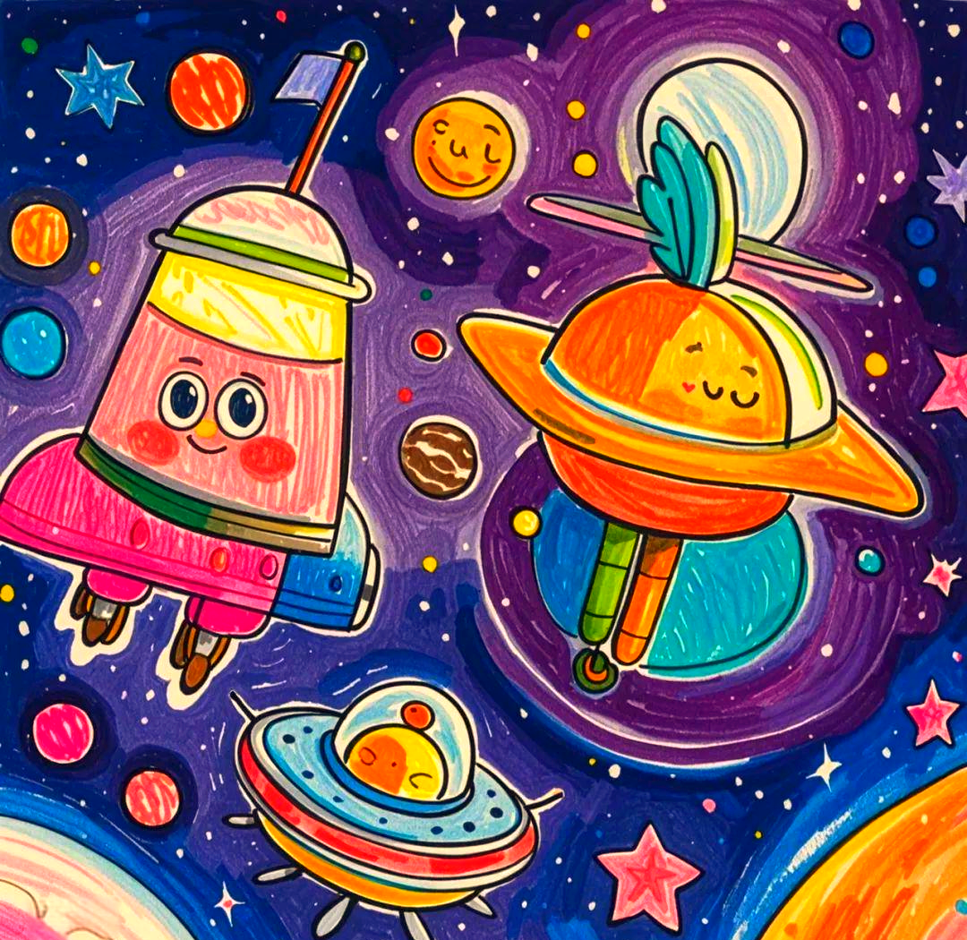 科幻系列创想绘画的多部作品,富有想象力,适合幼儿及小学绘画参考