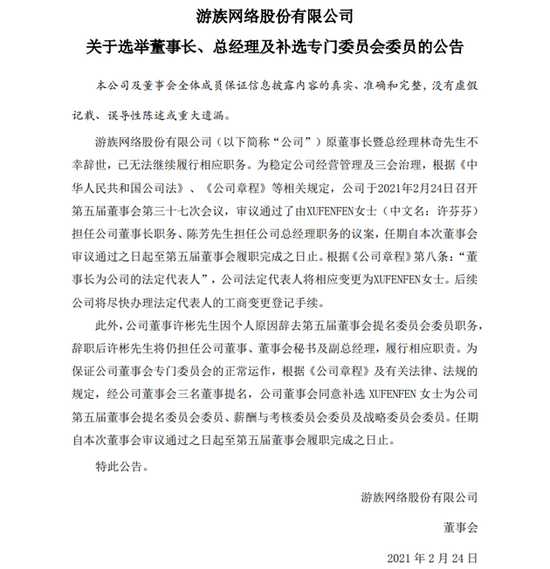 游族网络:选举许芬芬为公司董事长