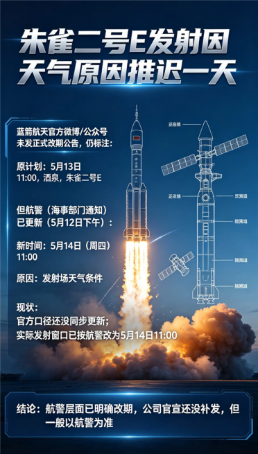 又延期了！朱雀二号E火箭因天气原因临时改期：延至周四发射