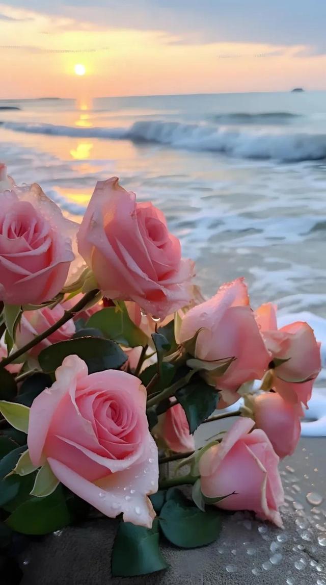 手机壁纸:落日 海滩 玫瑰花 粉与紫
