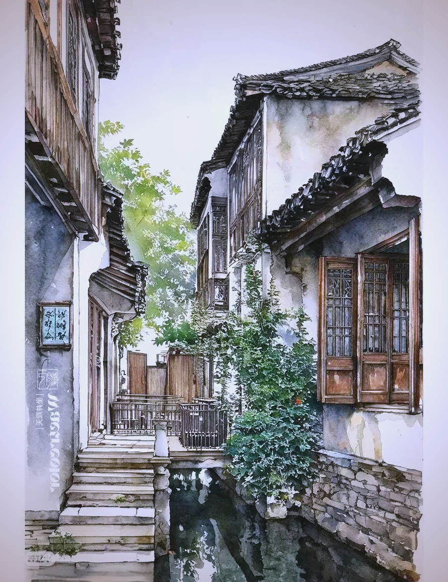 水彩画探秘:领略大师作品的清新与灵动,感受水乡古屋的独特魅力