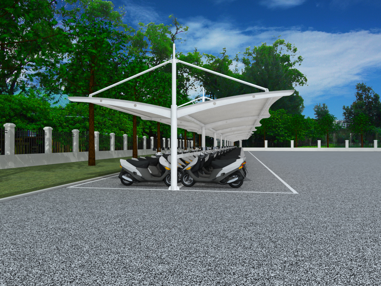 电动车充电雨棚淘汰彩钢瓦停车棚,首选钢膜结构停车棚,好看!