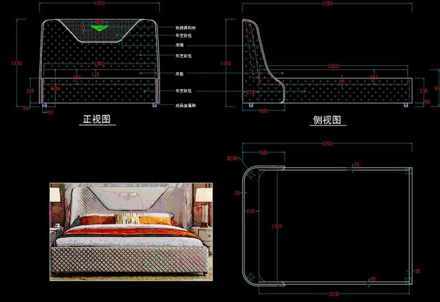 全屋家具床三视图家具设计cad施工图生产下单图家具床彩图模块