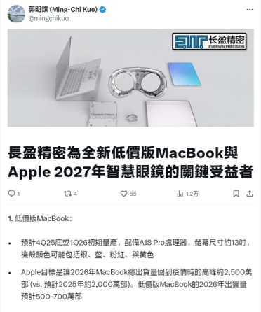 苹果将推出廉价版MacBook：搭载A18 Pro芯片+13英寸屏幕