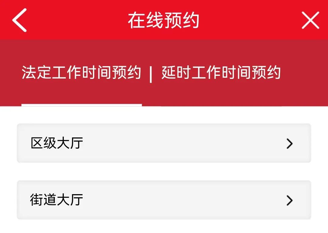 选择"法定工作时间预约"或"延时工作时间预约",进入相应大厅选择