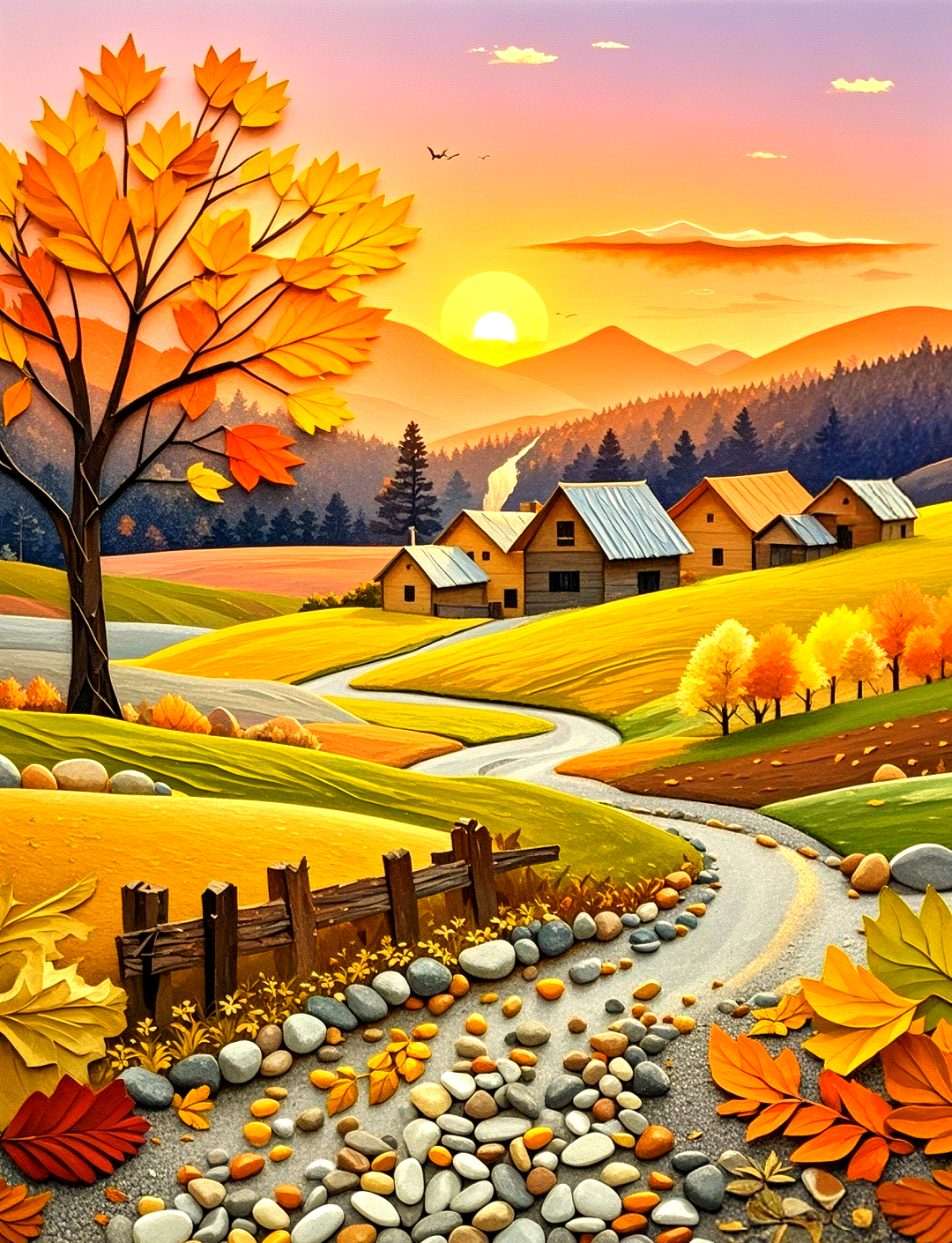 深秋山村贴画:叶,石与晨光共谱的美景