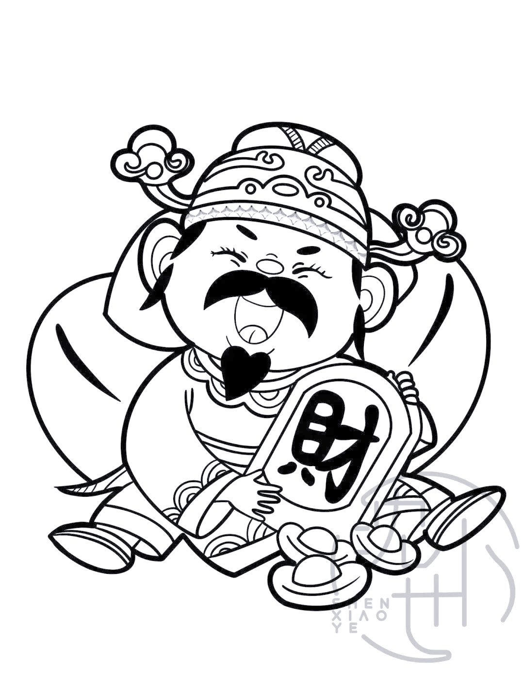 精选创意儿童画,新春迎财神主题,喜庆可爱且寓意深,附线稿挑战,激发