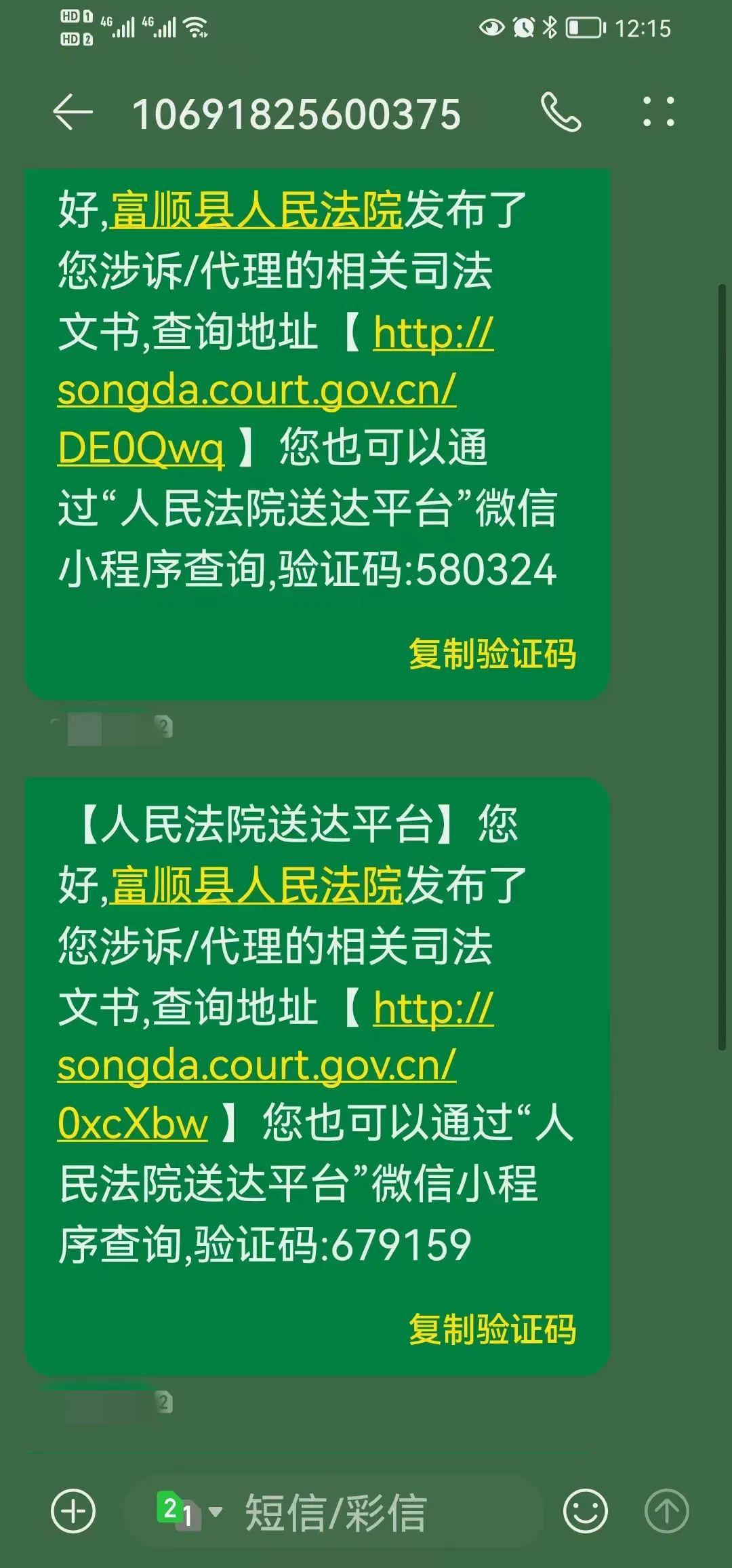 收到人民法院平台验证码短信