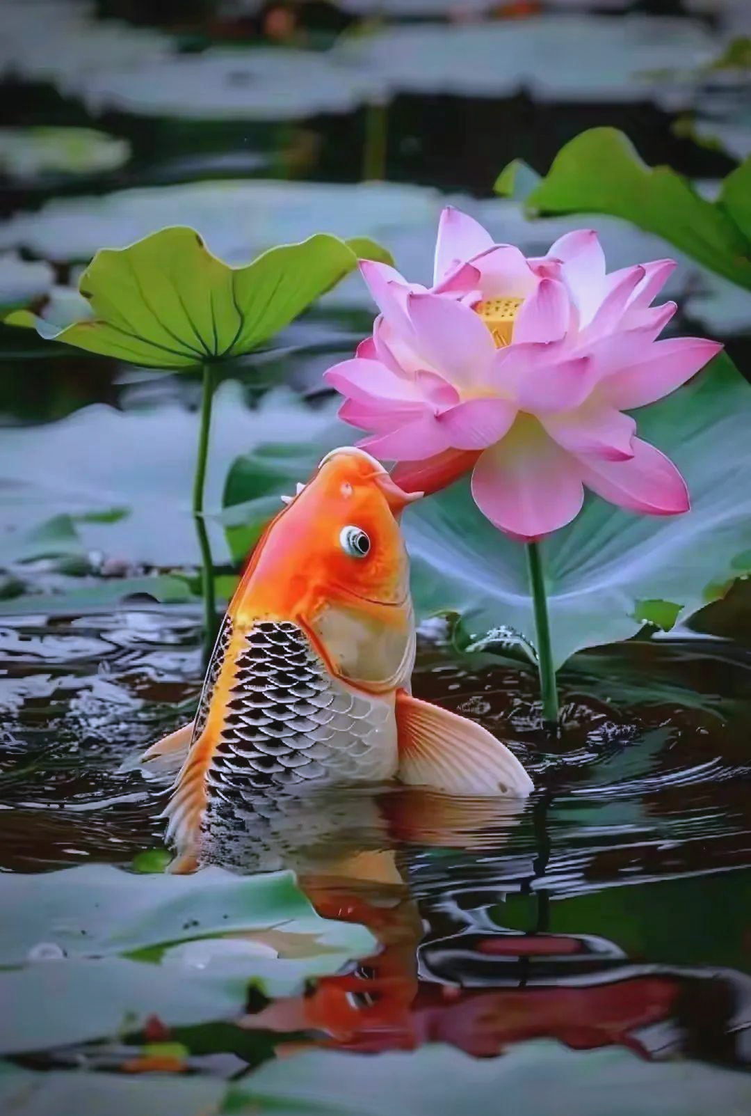 罕见的"鱼咬莲花"奇观,寓意吉祥,愿您福气满满!